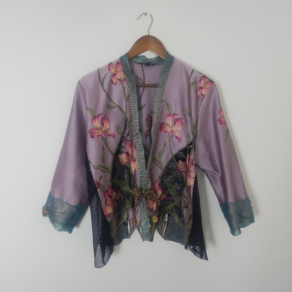 Lee Andersen Cardigan Women's Medium Floral Embroidered Lace Art To Wear Boho
